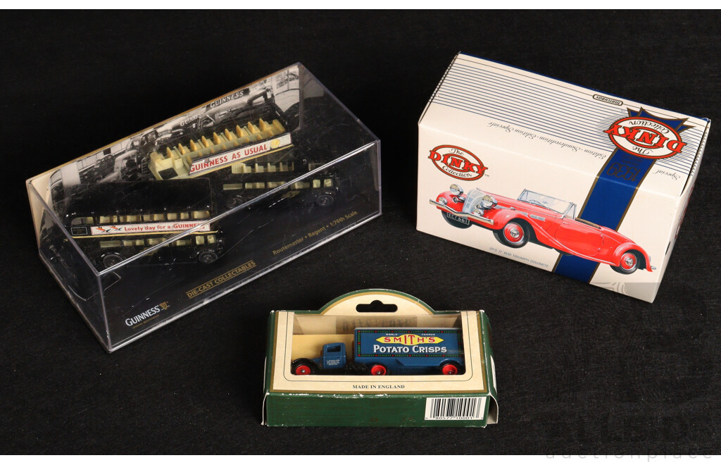 Dinky Diecast 1939 Triumph Dolomite, 1:43 Scale Days Gone 1935 Three Ton Truck, Guiness Double Decker Busses, 1:76 Scale