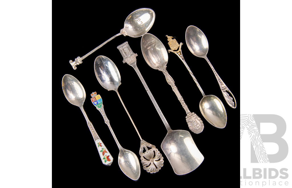 Collection Eight Antique Sterling Silver Souvenir Ware Tea Spoons Including Ceylonese 1860 Example with Floral Finial, Chester 1919 Example and More
