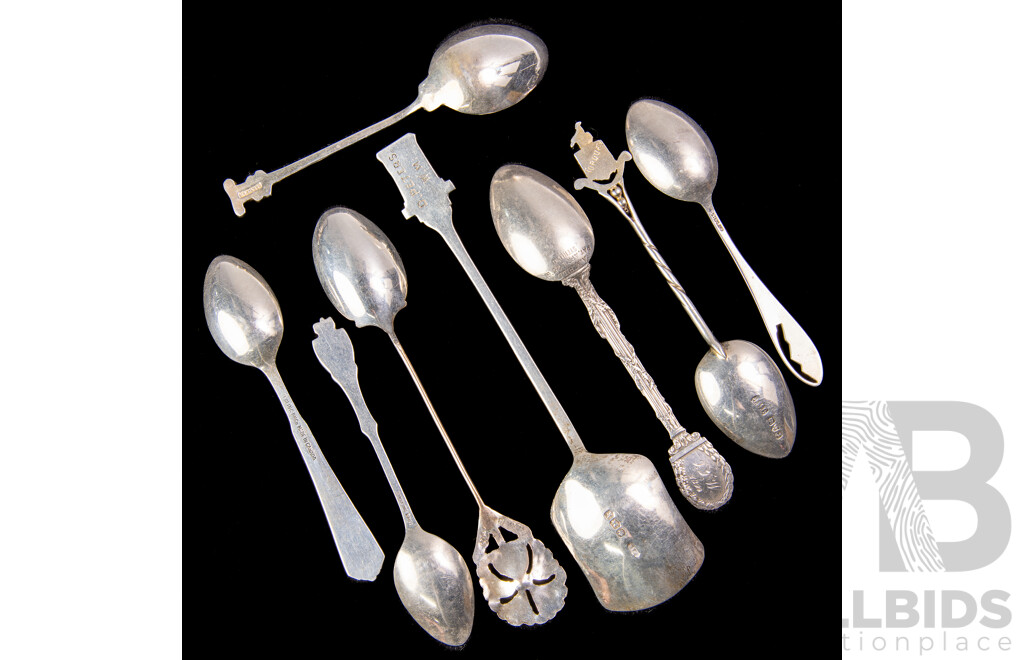 Collection Eight Antique Sterling Silver Souvenir Ware Tea Spoons Including Ceylonese 1860 Example with Floral Finial, Chester 1919 Example and More