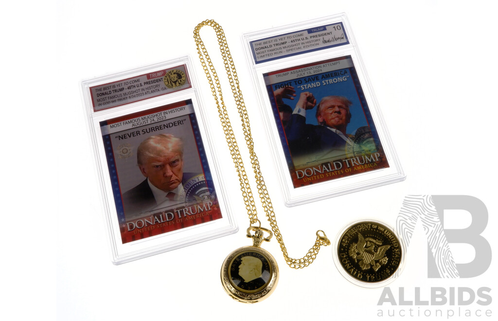 Donald Trump Limited Edition Assassination Attempt and Mugshot Collector Cards with Take America Back Coin and Gold Tone Save America Again 2024 Pocket Watch