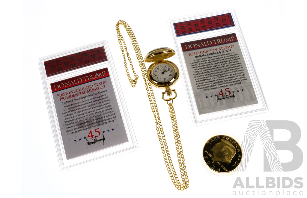 Donald Trump Limited Edition Assassination Attempt and Mugshot Collector Cards with Take America Back Coin and Gold Tone Save America Again 2024 Pocket Watch