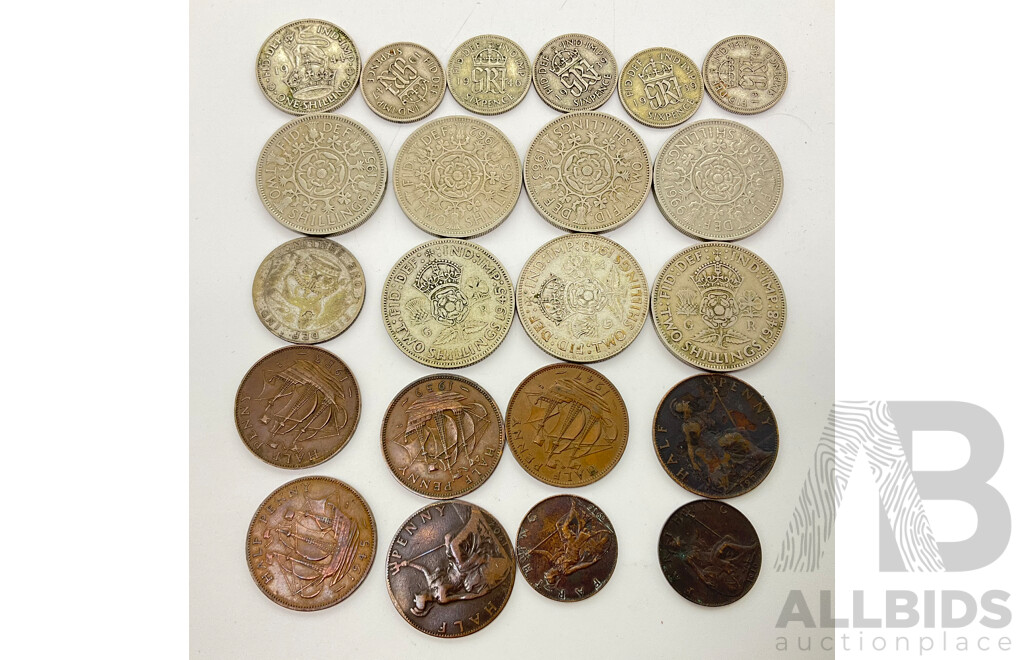 Collection of United Kingdom Coins Including KEVII 1904, 1908 Half Pennies, 1910 Farthing(2) KGV 1923 Shilling, KGVI 1939(2) 1945,1946 Silver Sixpence 1947, Two Silver Shillings 1943,1945 Silver Shilling 1944 Shilling....