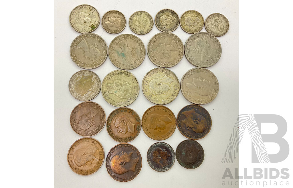 Collection of United Kingdom Coins Including KEVII 1904, 1908 Half Pennies, 1910 Farthing(2) KGV 1923 Shilling, KGVI 1939(2) 1945,1946 Silver Sixpence 1947, Two Silver Shillings 1943,1945 Silver Shilling 1944 Shilling....