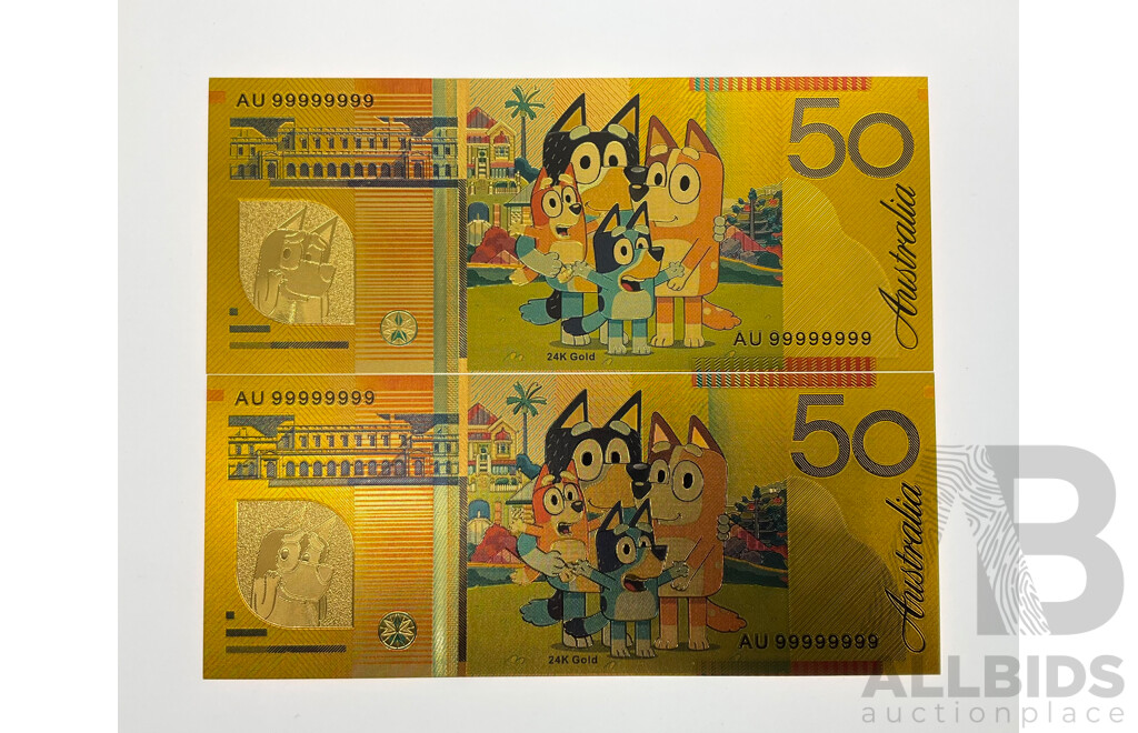 Two Australian 2024 Gold Foil Bluey and Friends Fifty Dollar Notes