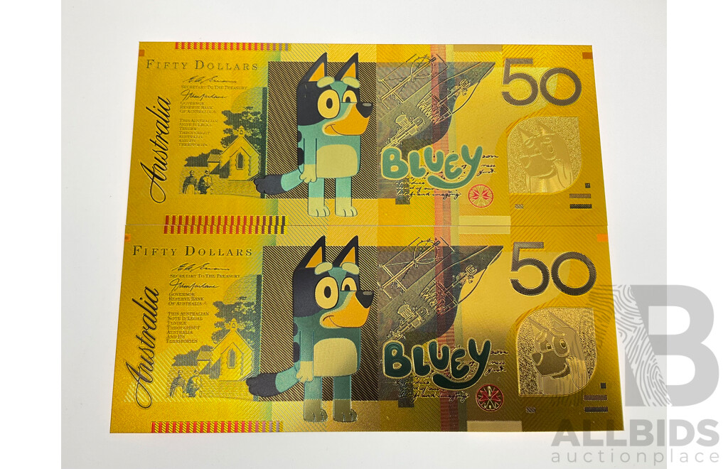 Two Australian 2024 Gold Foil Bluey and Friends Fifty Dollar Notes