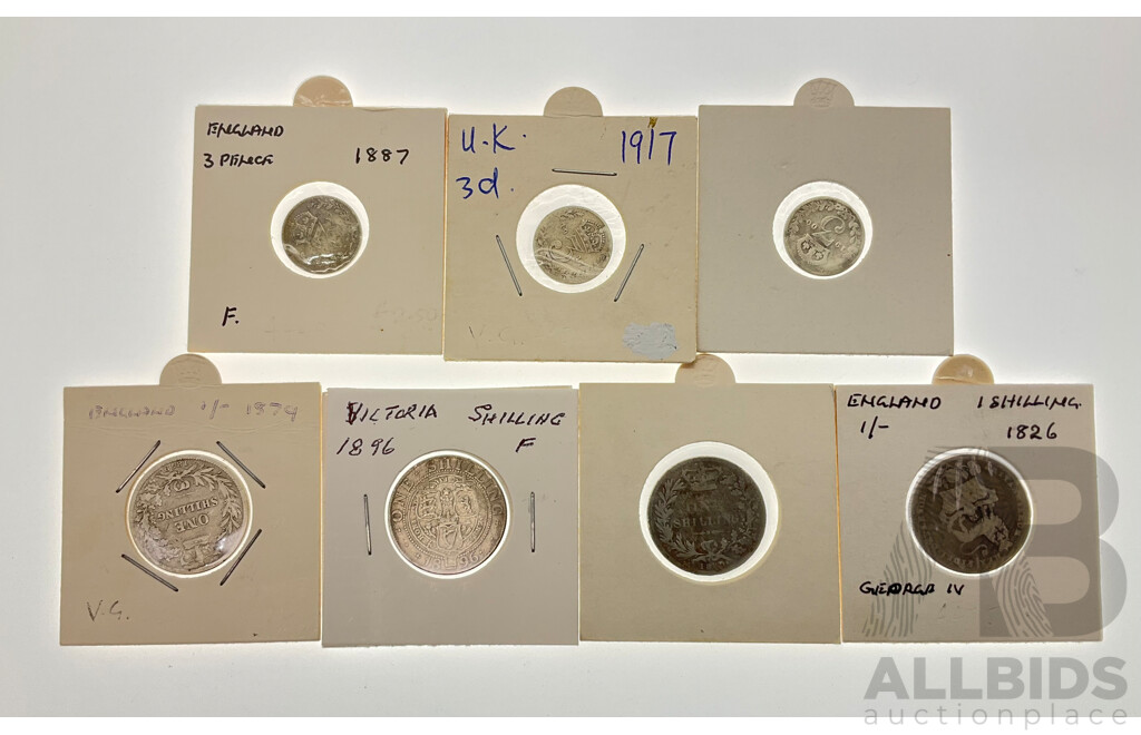 Collection of United Kingdom Silver Shilling Coins Including 1826, 1879, 1880, 1896 and Three Pence 1887, 1900, 1917  (.925)