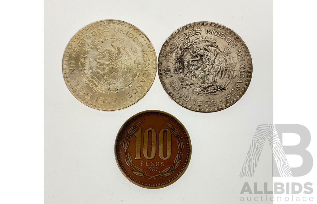 Mexico 1957 and 1958 Silver One Peso Coins (.100) and Chile 1987 One Hundred Pesos Coin