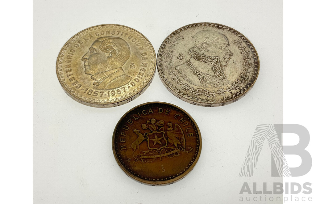 Mexico 1957 and 1958 Silver One Peso Coins (.100) and Chile 1987 One Hundred Pesos Coin