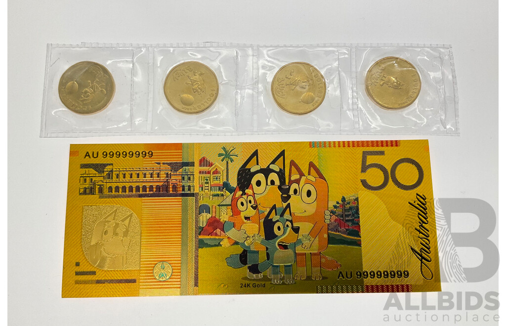 Four Australian 2024 One Dollar Coins, 'Bluey Bucks' and 24k Bluey Fifty Dollar Gold Foil Banknote