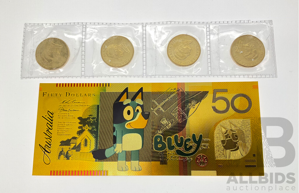 Four Australian 2024 One Dollar Coins, 'Bluey Bucks' and 24k Bluey Fifty Dollar Gold Foil Banknote