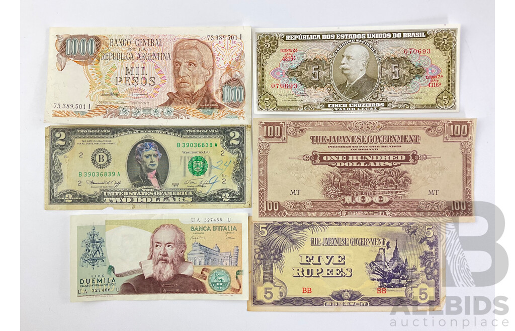 Collection of International Banknotes Including Italy Two Thousand Liore, USA 1976 Two Dollar, Argentina One Thousand Pesos, Brazil Five Cruzeiros, Japanese Occupation....