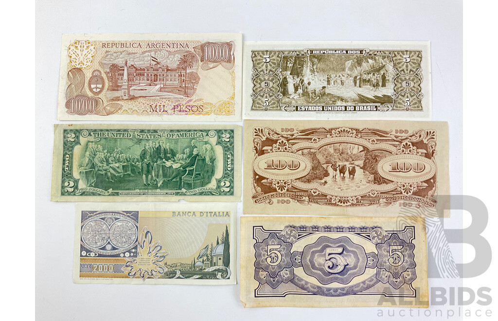 Collection of International Banknotes Including Italy Two Thousand Liore, USA 1976 Two Dollar, Argentina One Thousand Pesos, Brazil Five Cruzeiros, Japanese Occupation....