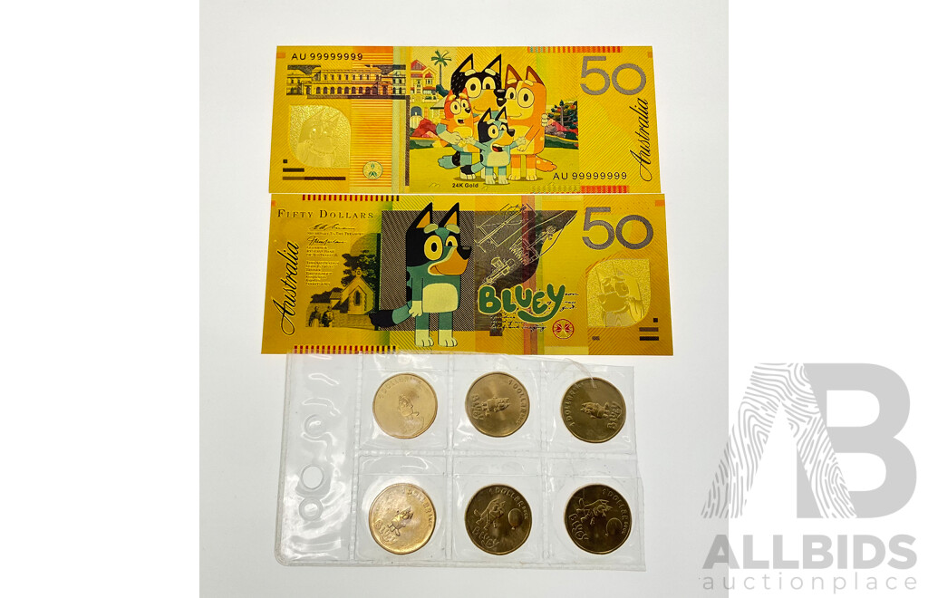 Six Australian 2024 One Dollar Coins 'Bluey Bucks' with Two Novelty Gold Tone Bluey Fifty Dollar Notes