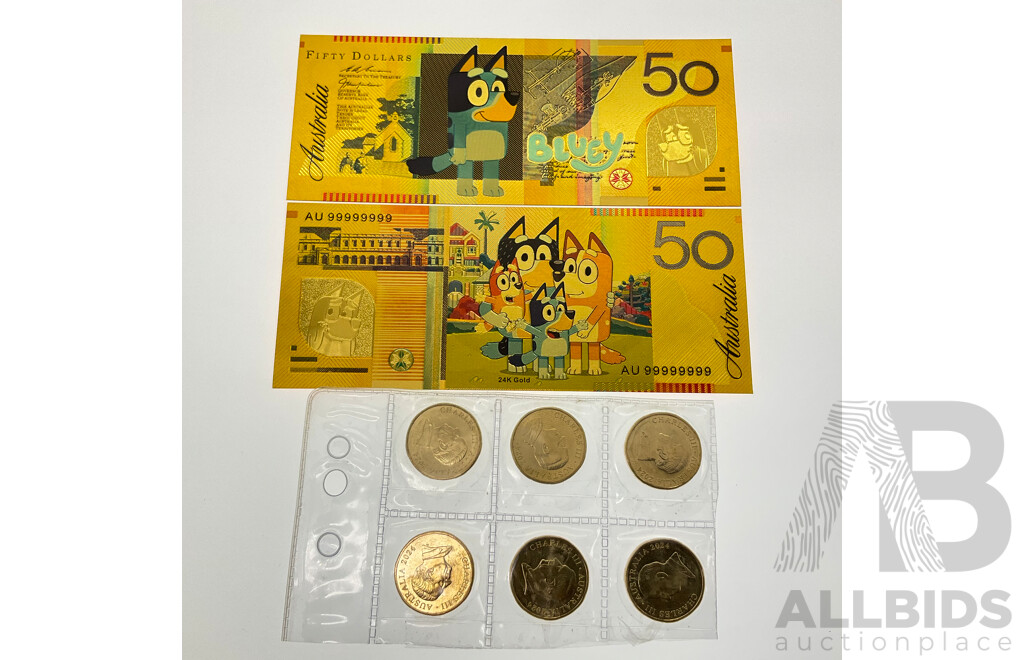 Six Australian 2024 One Dollar Coins 'Bluey Bucks' with Two Novelty Gold Tone Bluey Fifty Dollar Notes