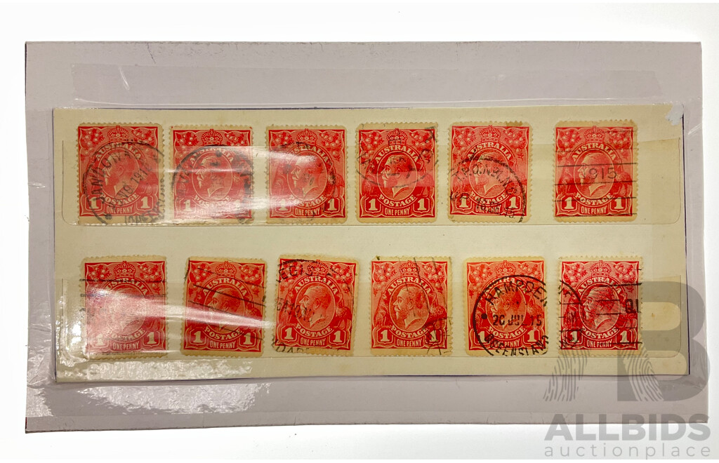 Twelve Australian Cancelled KGV One Penny Stamps