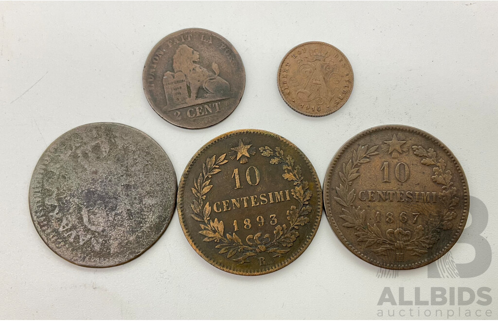 Collection of European Antique Coins Including France Louis XVI 1777-1792  One Liard, Belgium Leopold II 1870 Two Centimes, Albert I 1914 One Centime, Italy Umberto I 1893 Ten Centesimi, Victor Emmanuel II 1867 Ten Centesimi