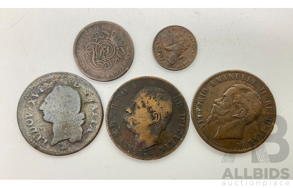 Collection of European Antique Coins Including France Louis XVI 1777-1792  One Liard, Belgium Leopold II 1870 Two Centimes, Albert I 1914 One Centime, Italy Umberto I 1893 Ten Centesimi, Victor Emmanuel II 1867 Ten Centesimi