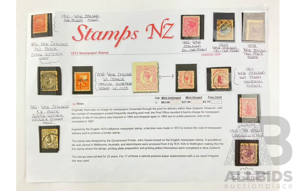 Collection of Antique New Zealand Stamps Including QV Newspaper Postage and Postage Revenue