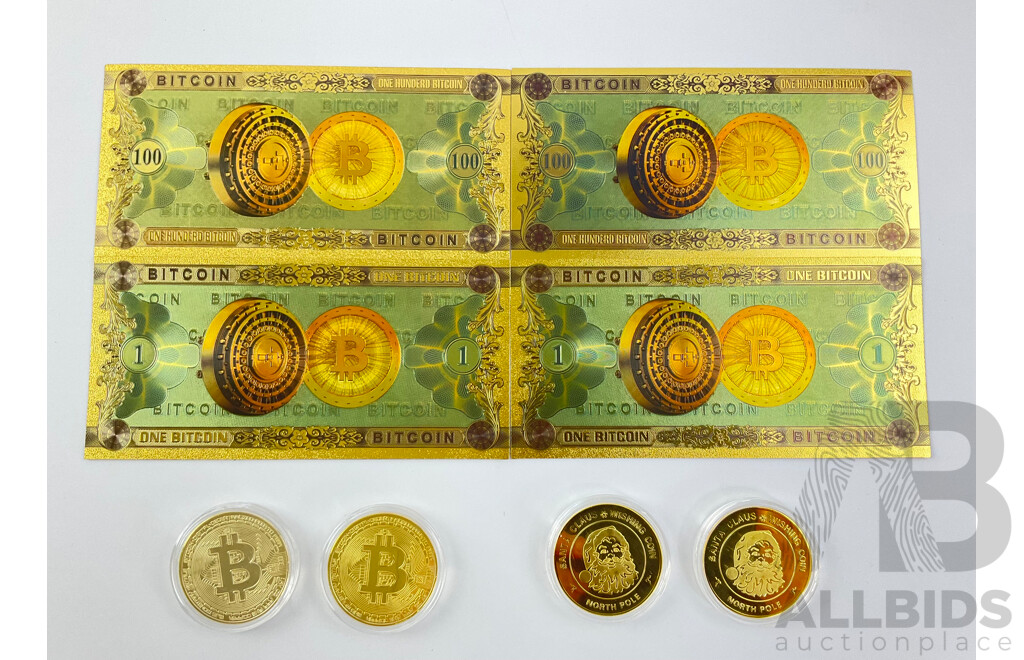 Gold Tone Bitcoin Notes and Coins with Santa Claus Wishing Coins