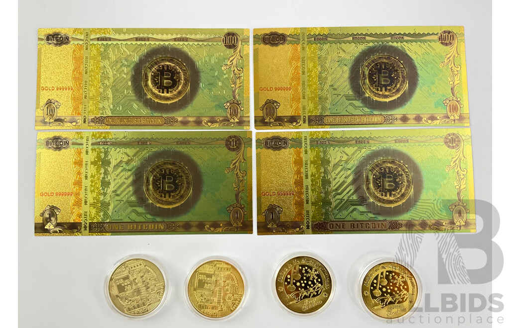 Gold Tone Bitcoin Notes and Coins with Santa Claus Wishing Coins