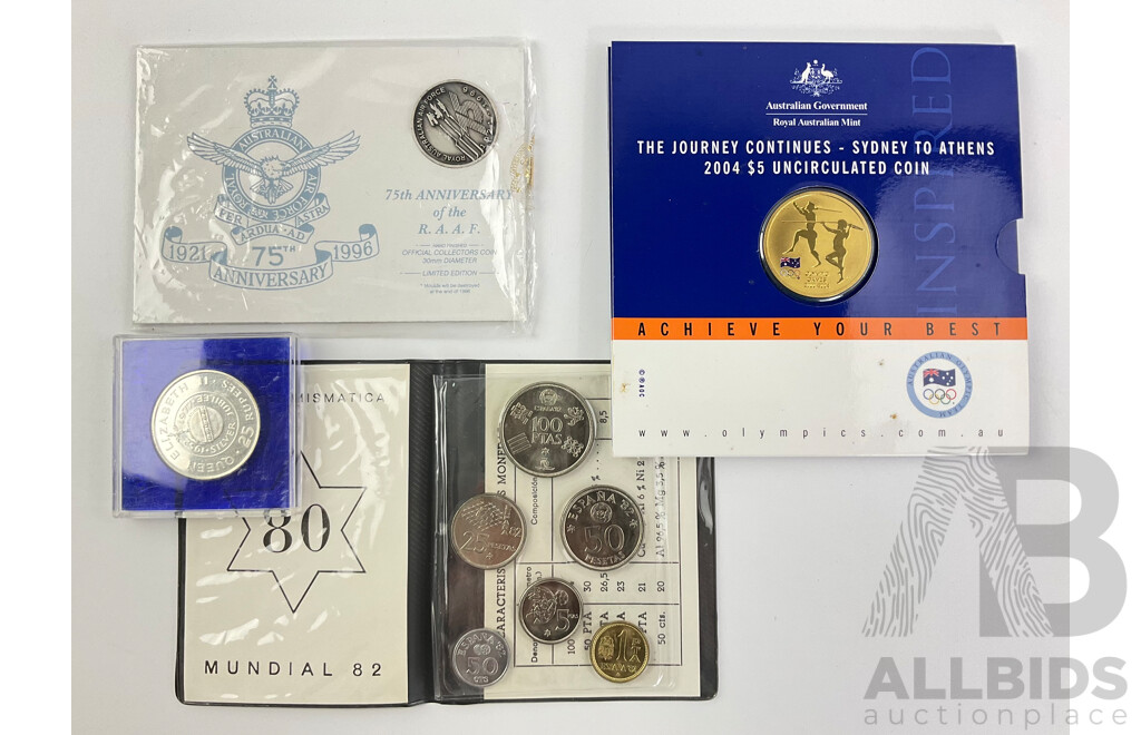 Australian 2004 Five Dollar Coin, Sydney to Athens, RAAF 75th Anniversary Coin, Spain 1982 Six UNC Coin Set, Sundial Football, Seychelles Twenty Five Rupees Silver Coin .500