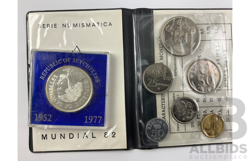 Australian 2004 Five Dollar Coin, Sydney to Athens, RAAF 75th Anniversary Coin, Spain 1982 Six UNC Coin Set, Sundial Football, Seychelles Twenty Five Rupees Silver Coin .500