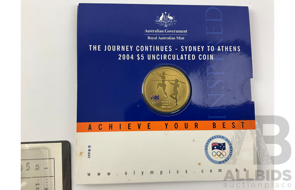 Australian 2004 Five Dollar Coin, Sydney to Athens, RAAF 75th Anniversary Coin, Spain 1982 Six UNC Coin Set, Sundial Football, Seychelles Twenty Five Rupees Silver Coin .500