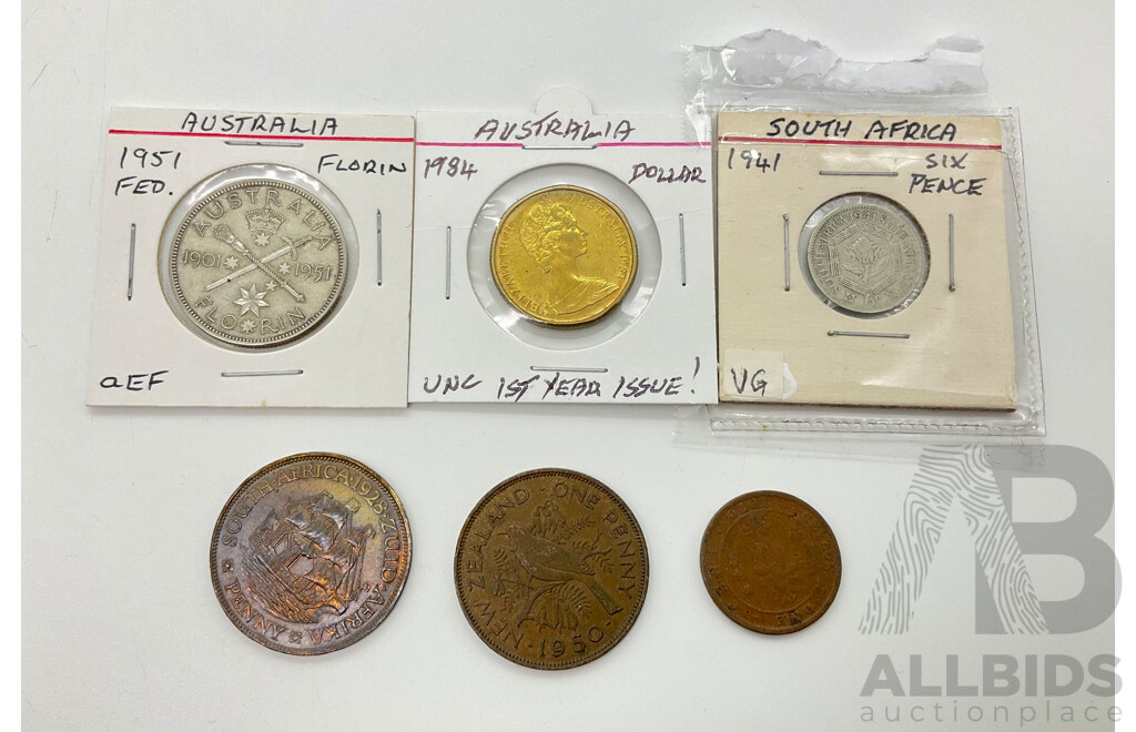 Collection of Commonwealth Antique and Vintage Coins Including South Africa 1941 KGVI Silver Sixpence(.800), 1928 KGV Penny, Sri Lanka 1870 QV One Cent, New Zealand KGVI 1950 Penny, Australia 1951 KGVI Silver Federation Florin, 1984 QE2 One Dollar