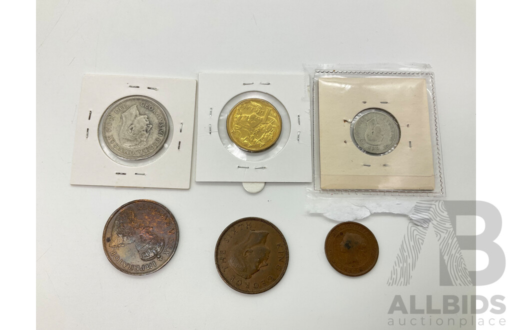 Collection of Commonwealth Antique and Vintage Coins Including South Africa 1941 KGVI Silver Sixpence(.800), 1928 KGV Penny, Sri Lanka 1870 QV One Cent, New Zealand KGVI 1950 Penny, Australia 1951 KGVI Silver Federation Florin, 1984 QE2 One Dollar