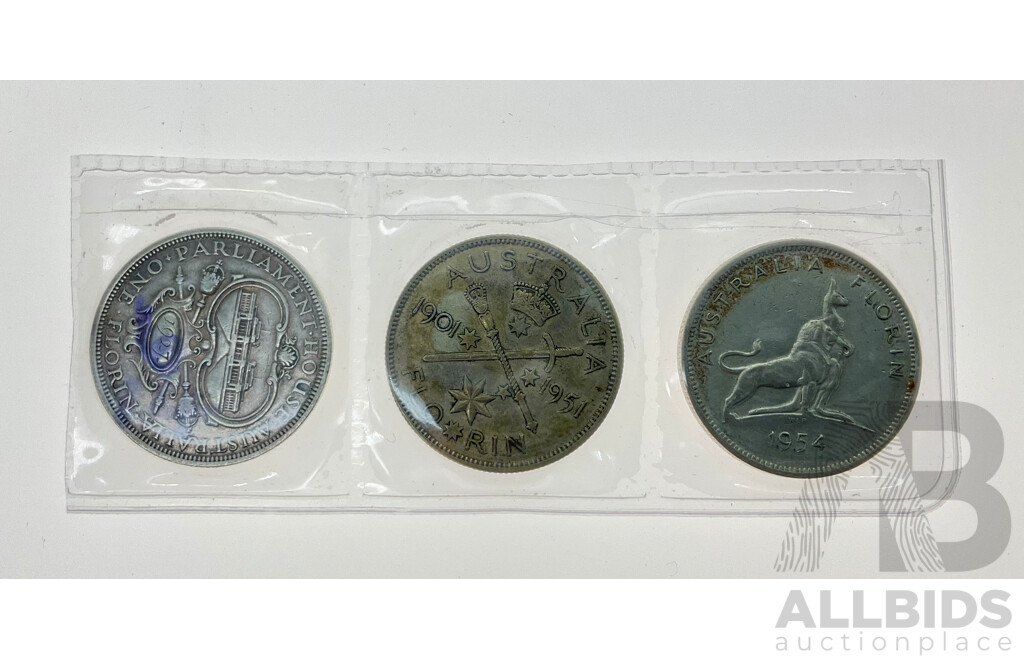 Australian 1927, 1951, 1954 Commemorative Silver Florin Coins .925 and .500