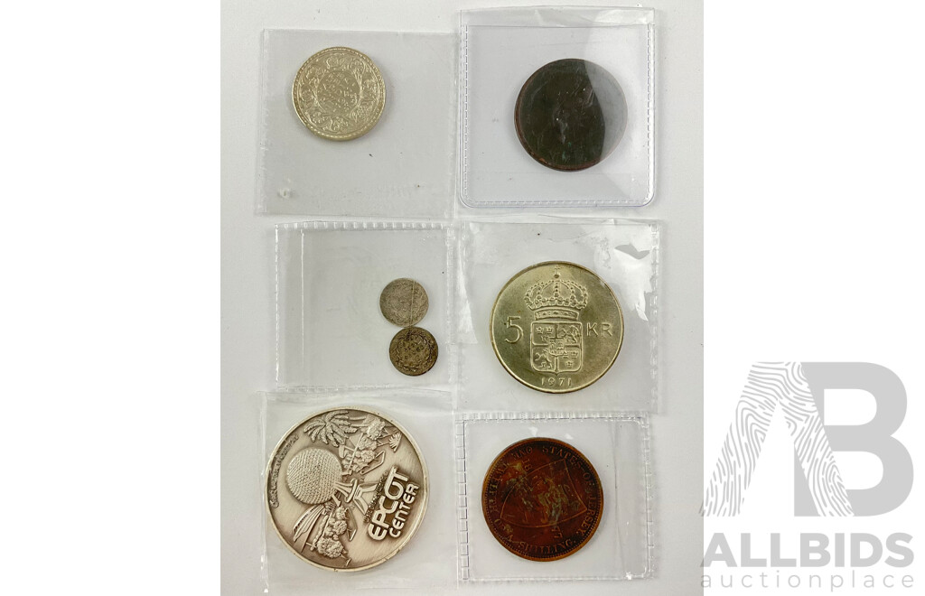 Collection of Vintage Coins Including UK/India 1941silver Half Rupee(.500) 1806 GIII Half Penny, State of Jersey 1877 Twelfth Shilling, Sweden 1971 Silver Five Kroner (.400)...