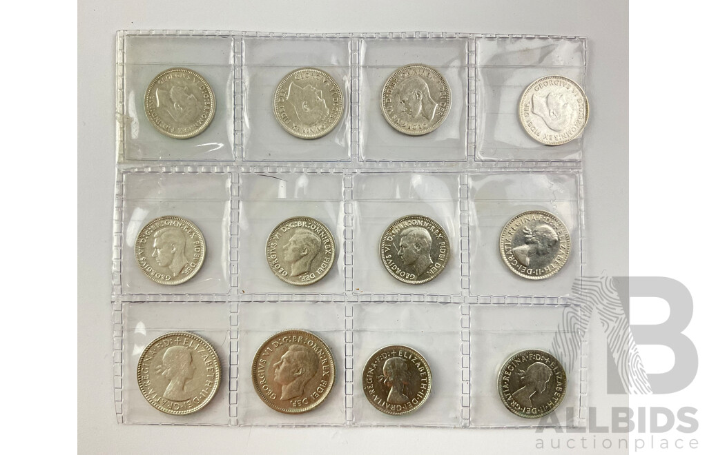 Australian Silver Sixpence 1951, 1956 Threepence 1948, 1951(4) 1952(2) 1956(2), 1962 (.500)