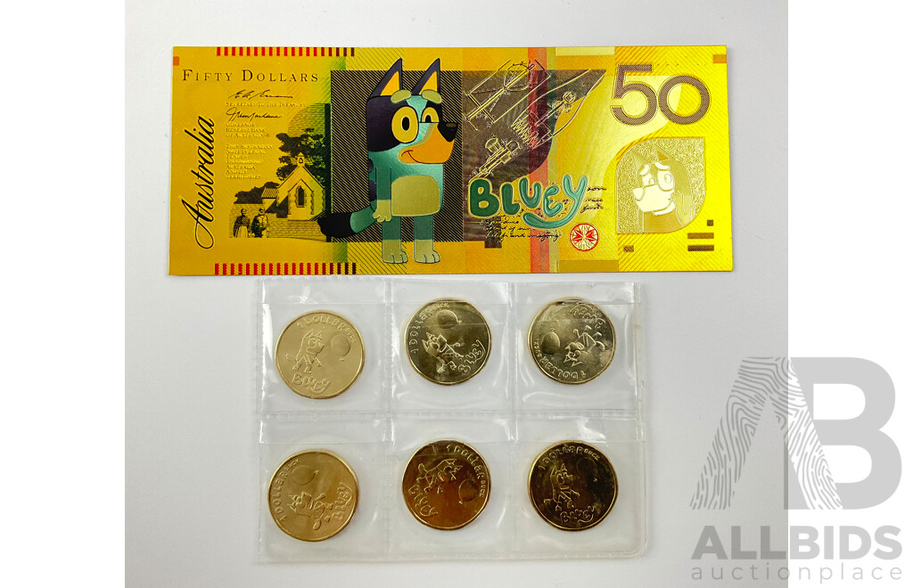 Six Australian 2024 One Dollar Coins, Bluey Bucks with Gold Tone Fifty Dollar Bluey Note