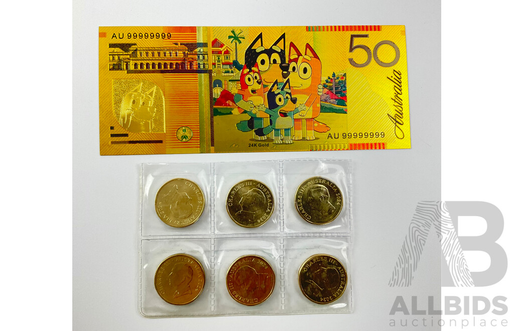 Six Australian 2024 One Dollar Coins, Bluey Bucks with Gold Tone Fifty Dollar Bluey Note