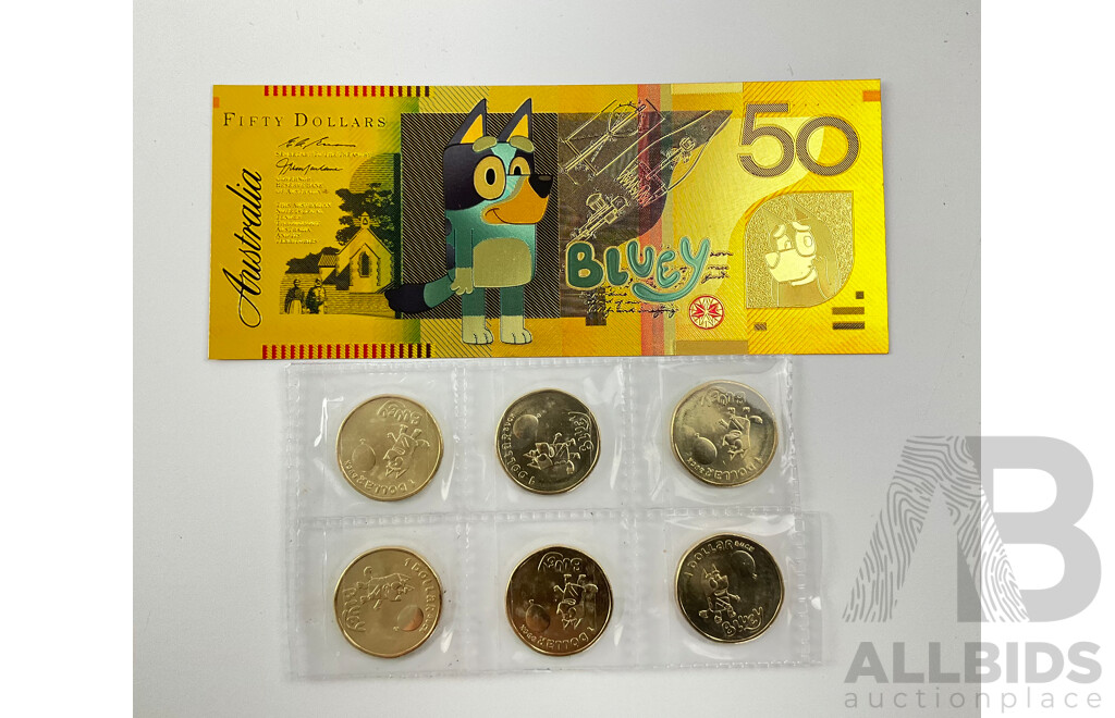 Six Australian 2024 One Dollar Coins, Bluey Bucks with Gold Tone Fifty Dollar Bluey Note