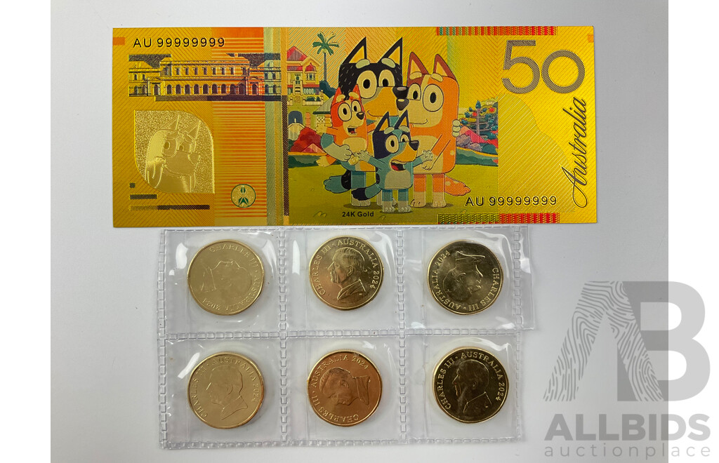 Six Australian 2024 One Dollar Coins, Bluey Bucks with Gold Tone Fifty Dollar Bluey Note