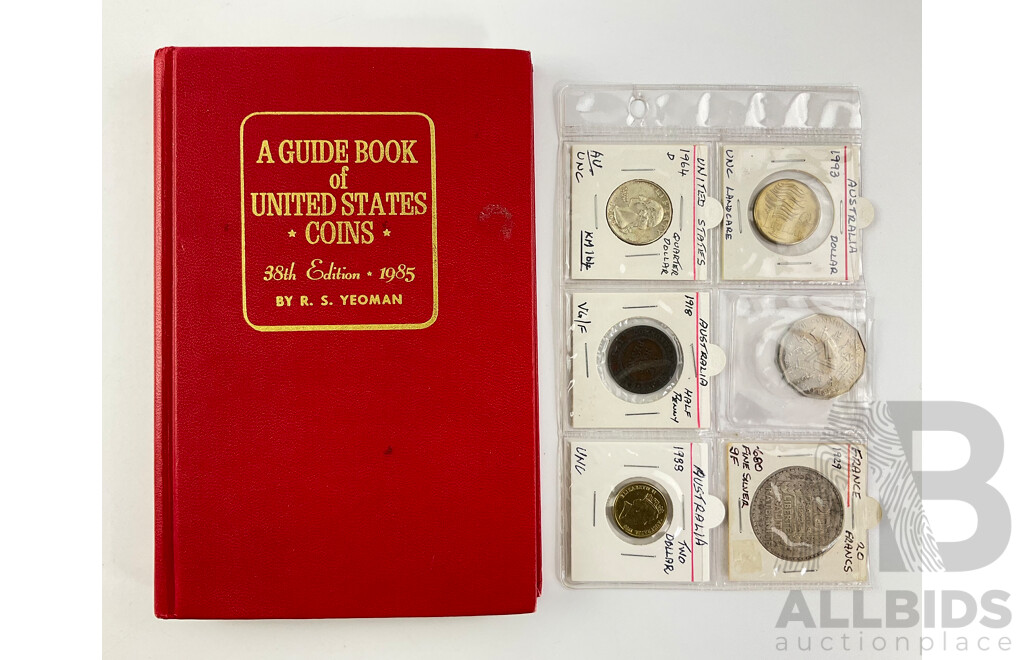 Collection of Coins Including USA 1964 Silver Quarter Dollar, Denver Mint, France 1929 Silver Twenty Francs, Australian 1918 Half Penny, 1993 One Dollar Land Care.....