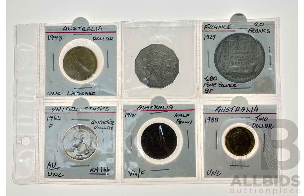 Collection of Coins Including USA 1964 Silver Quarter Dollar, Denver Mint, France 1929 Silver Twenty Francs, Australian 1918 Half Penny, 1993 One Dollar Land Care.....