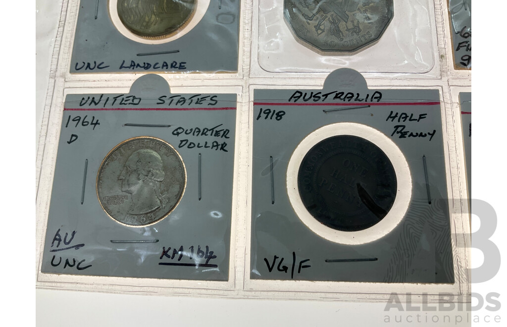 Collection of Coins Including USA 1964 Silver Quarter Dollar, Denver Mint, France 1929 Silver Twenty Francs, Australian 1918 Half Penny, 1993 One Dollar Land Care.....