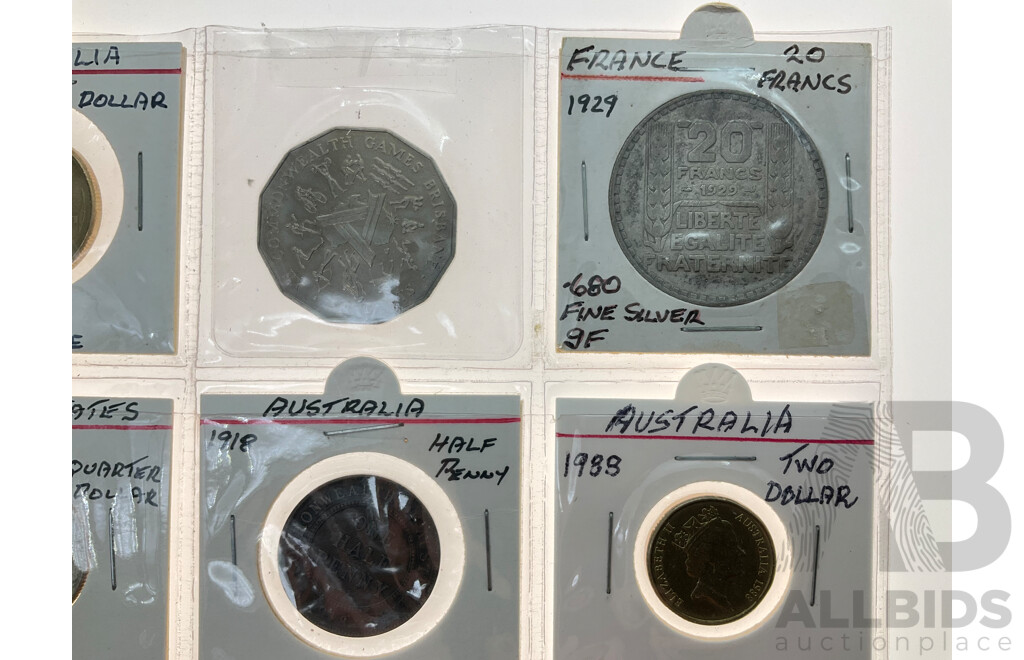 Collection of Coins Including USA 1964 Silver Quarter Dollar, Denver Mint, France 1929 Silver Twenty Francs, Australian 1918 Half Penny, 1993 One Dollar Land Care.....