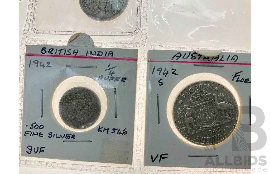 Collection of Coins Including Australian 1927 Silver Commemorative Florin, 1942 Florin, San Francisco Mint, 1918 Shilling, Melbourne Mint, 2001 Twenty Cent Federation........