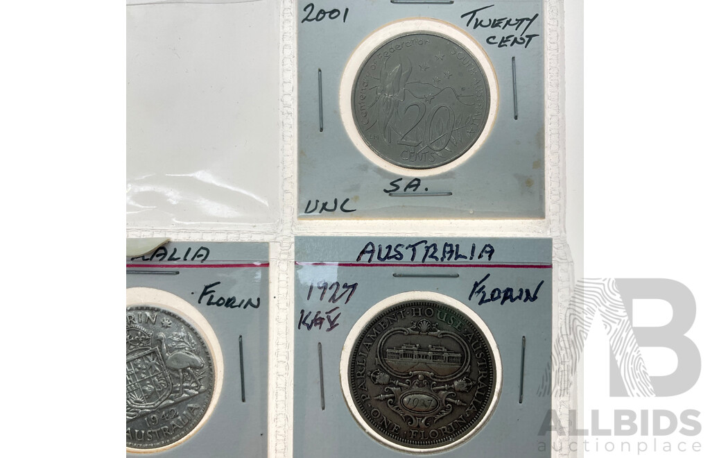 Collection of Coins Including Australian 1927 Silver Commemorative Florin, 1942 Florin, San Francisco Mint, 1918 Shilling, Melbourne Mint, 2001 Twenty Cent Federation........