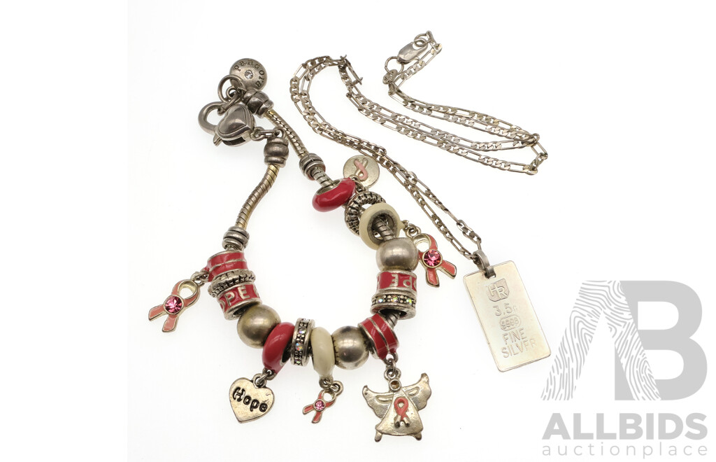 Sterling Silver 3.5gm Ignot on Figaro 3+1 Chain, 42cm, 6.90 Grams & Silver Tone Bead Charm Bracelet with (15) Charms, 18cm