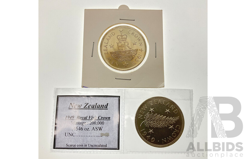 New Zealand 1949 Silver One Crown - Royal Visit with 1953 QE2 One Crown