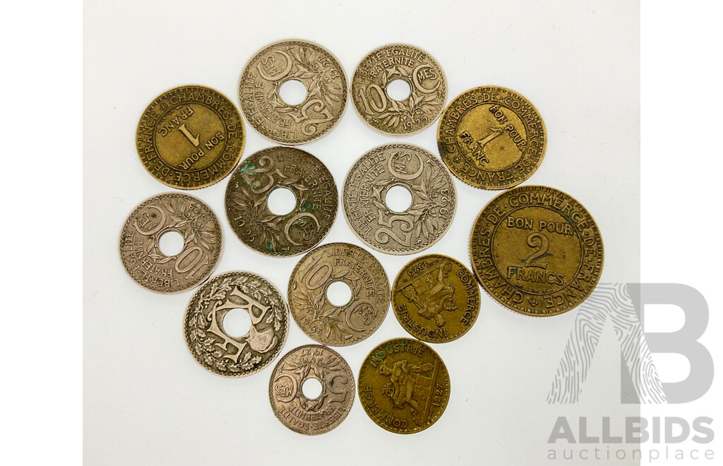 Vintage French Coins, Examples From 1919 to 1927, Various Denominations