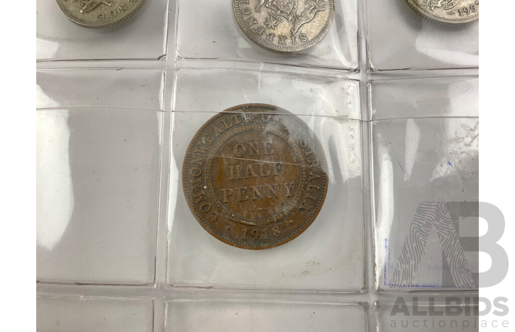 Collection of Australian Predecimal Coins Including 1951 Commemorative Florin, KGVI and QE2 Silver Threepence, Sixpence and Shillings, 1918I Half Penny