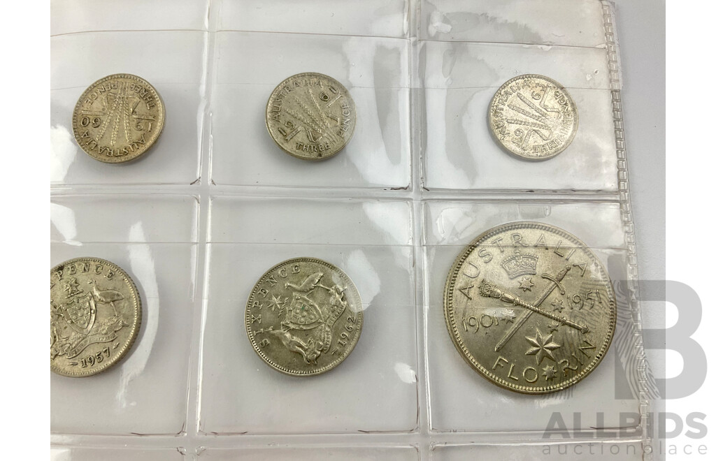 Collection of Australian Predecimal Coins Including 1951 Commemorative Florin, KGVI and QE2 Silver Threepence, Sixpence and Shillings, 1918I Half Penny