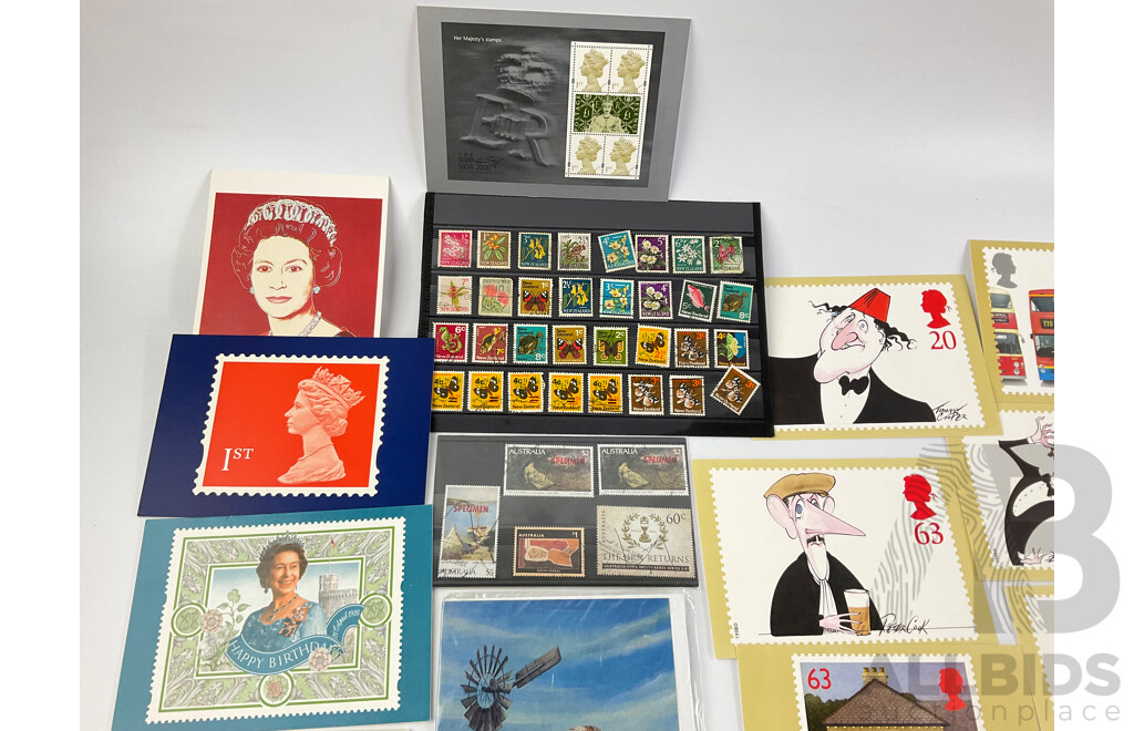 Collection of International Philatelics Including Australian Specimen Stamps, QE2 Postcards, UK Post Cards, New Zealand Pictorial Stamps