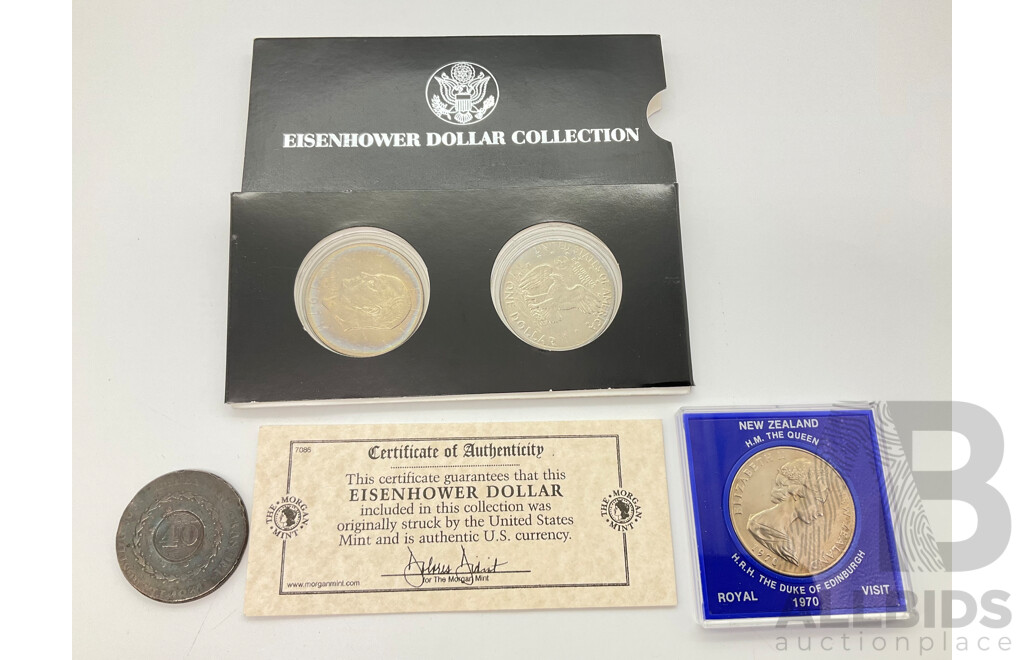 USA 1971 One Dollar Proof Eisenhower Coins, New Zealand 1970 UNC One Dollar Royal Visit, Brazil 1834 Forty Reis Coin