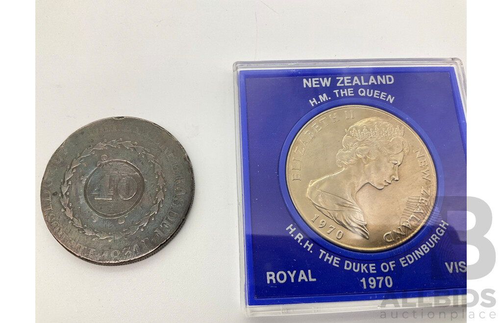 USA 1971 One Dollar Proof Eisenhower Coins, New Zealand 1970 UNC One Dollar Royal Visit, Brazil 1834 Forty Reis Coin